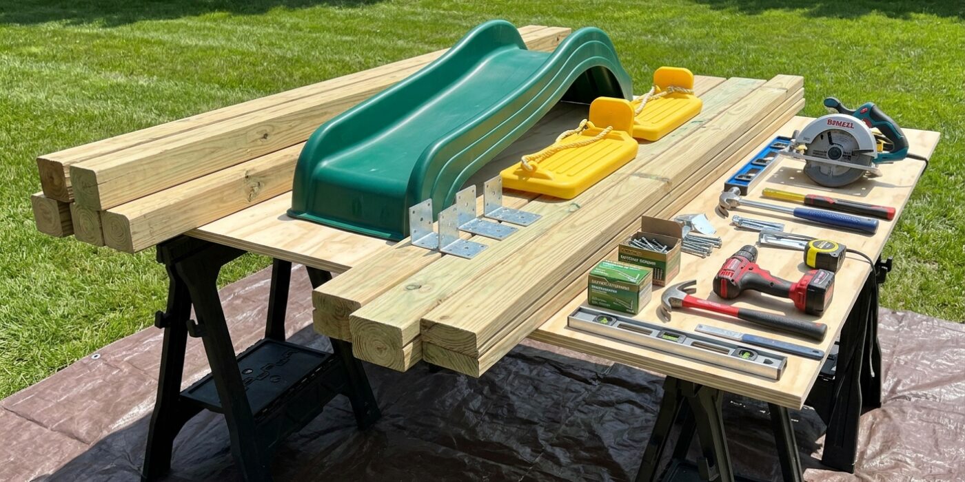 How to Build a Kids Playset  –  Swing, Slide, and Climbing Deck